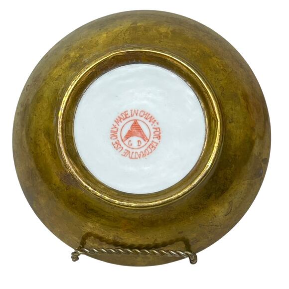 Vintage Chinese Hand-Painted Porcelain & Brass Bowl 6″ Diameter Floral Motif - Picture 6 of 7